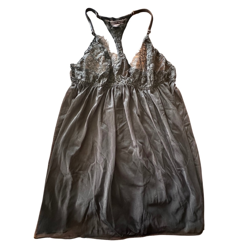 Victorias‎ Secret Black Lace Eyelash Babydoll Chemise Lingerie Racerback Medium